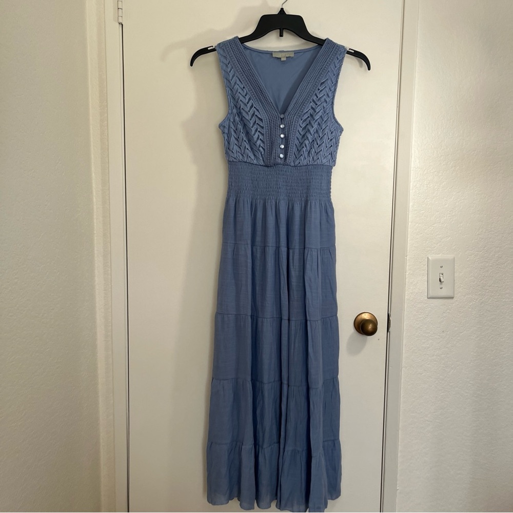 Blue Sleeveless Maxi Sun Dress Petite Small Prairie Boho Tiered chevron pattern
